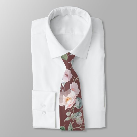 Watercolor roses on burgundy neck tie ネクタイ (タイ)