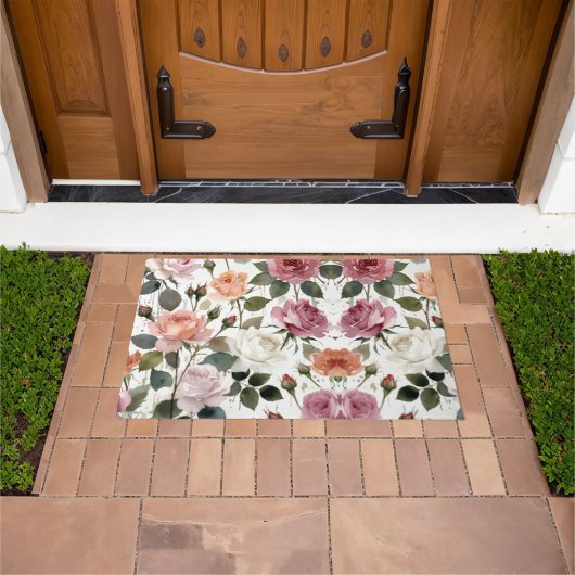 Watercolor Roses with a Soft Romantic Glow ドアマット (室外)