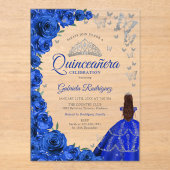 Watercolor Royal Blue Roses Silver Quinceanera アクリル招待状 (正面)