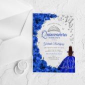 Watercolor Royal Blue Roses Silver Quinceanera アクリル招待状