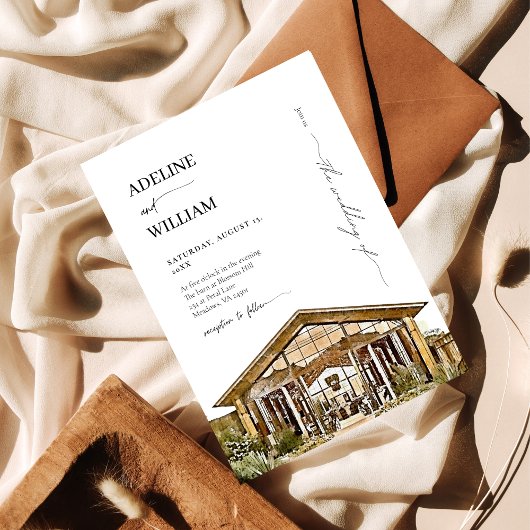 Watercolor Rustic Barn Wedding Invitation Elegant 招待状