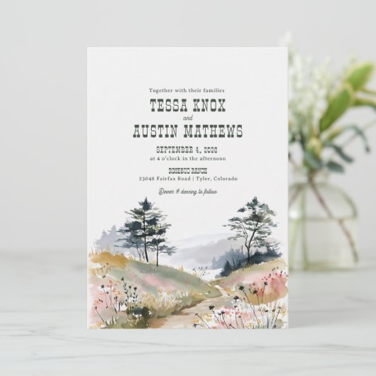 Watercolor Rustic Mountain Wedding Invitation 招待状 (スタンド正面)