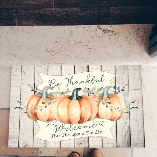 Watercolor Rustic Pumpkins Personalized ドアマット (Watercolor Rustic Pumpkins Personalized Doormat)
