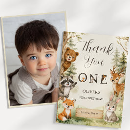 Watercolor Rustic Woodland Wild One 1歳の誕生日P サンキューカード