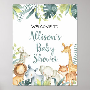 Watercolor safari animals baby shower welcome sign ポスター