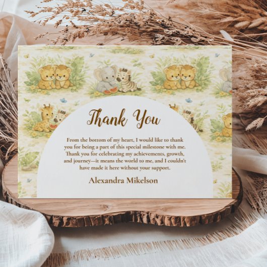 Watercolor Safari Animals First Birthday サンキューカード