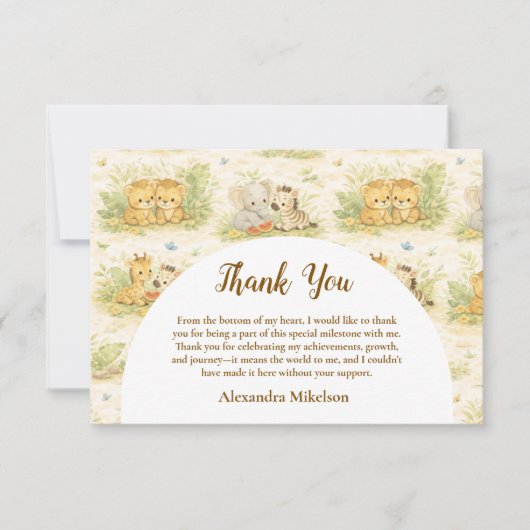 Watercolor Safari Animals First Birthday サンキューカード (正面)