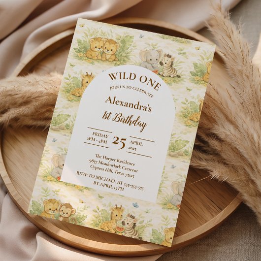 Watercolor Safari Animals First Birthday 招待状