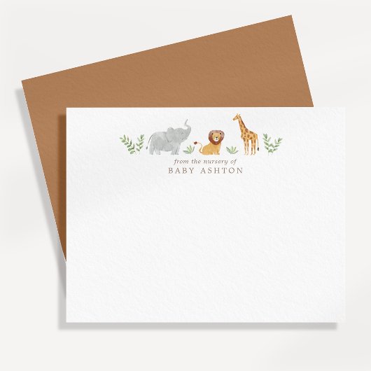 Watercolor Safari Animals Nursery Note Card 案内状