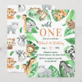 Watercolor Safari Animals Wild One 1st Birthday 招待状 (正面/裏面)
