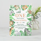 Watercolor Safari Animals Wild One 1st Birthday 招待状 (スタンド正面)