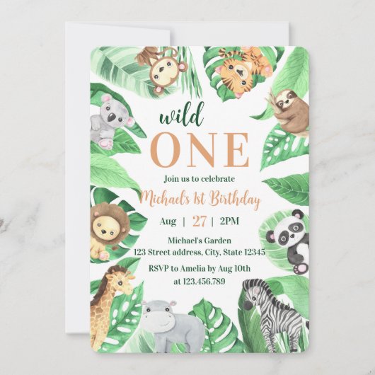 Watercolor Safari Animals Wild One 1st Birthday 招待状 (正面)