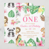 Watercolor Safari Animals Wild One 1st Birthday 招待状 (正面/裏面)
