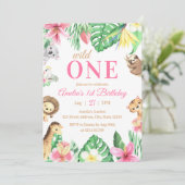 Watercolor Safari Animals Wild One 1st Birthday 招待状 (スタンド正面)