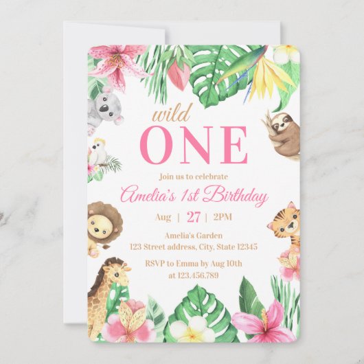 Watercolor Safari Animals Wild One 1st Birthday 招待状 (正面)