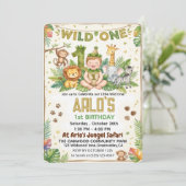 Watercolor Safari Animals Wild One First Birthday  招待状 (スタンド正面)