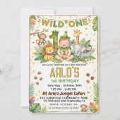 Watercolor Safari Animals Wild One First Birthday  招待状 (正面)