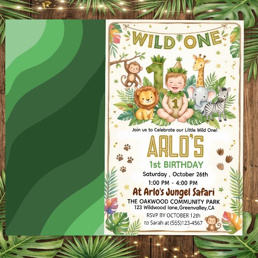 Watercolor Safari Animals Wild One First Birthday  招待状