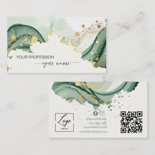 Watercolor Sage green Qr Code  名刺 (正面/裏面)