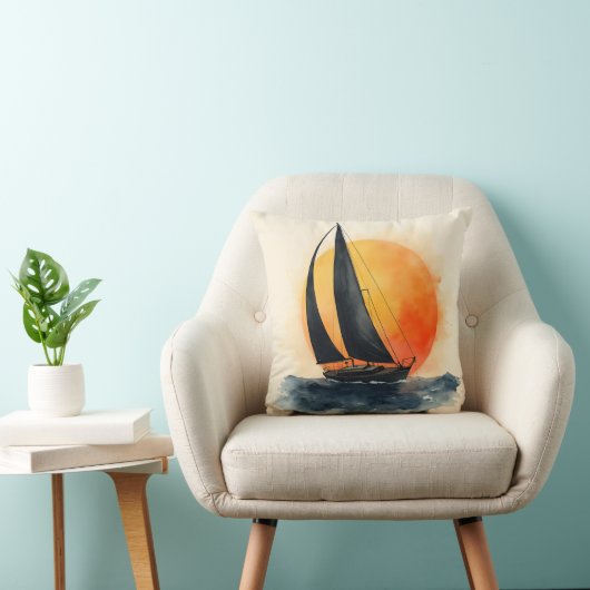 Watercolor Sailboat at Sunset クッション (椅子)