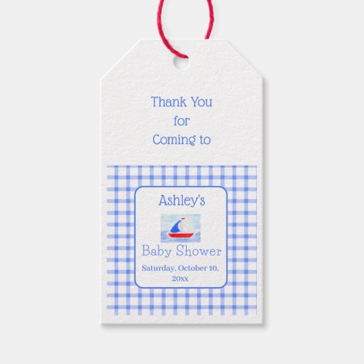 Watercolor Sailboat Blue Check Baby Shower ギフトタグ (正面)