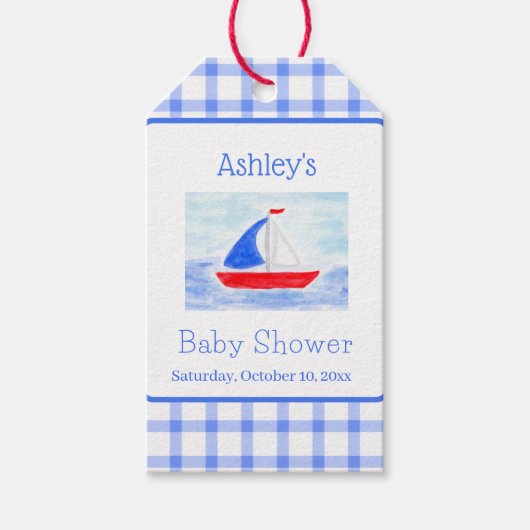 Watercolor Sailboat Blue Check Baby Shower ギフトタグ (正面)