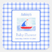 Watercolor Sailboat Blue Check Baby Shower スクエアシール (正面)