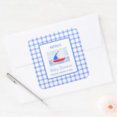 Watercolor Sailboat Blue Check Baby Shower スクエアシール (封筒)