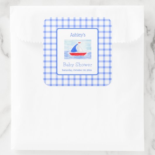 Watercolor Sailboat Blue Check Baby Shower スクエアシール (バッグ)