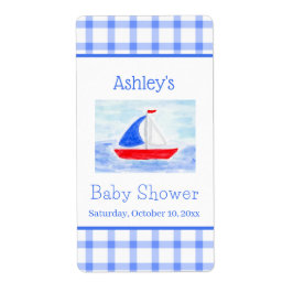 Watercolor Sailboat Blue Check Baby Shower ラベル