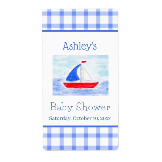 Watercolor Sailboat Blue Check Baby Shower ラベル (正面)