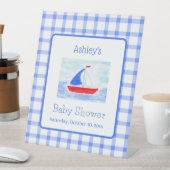 Watercolor Sailboat Blue Check Baby Shower 台座サイン (インサイチュ)