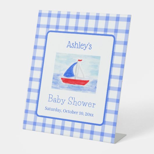 Watercolor Sailboat Blue Check Baby Shower 台座サイン (正面)