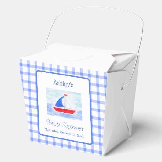 Watercolor Sailboat Blue Check Baby Shower Gift フェイバーボックス (正面)