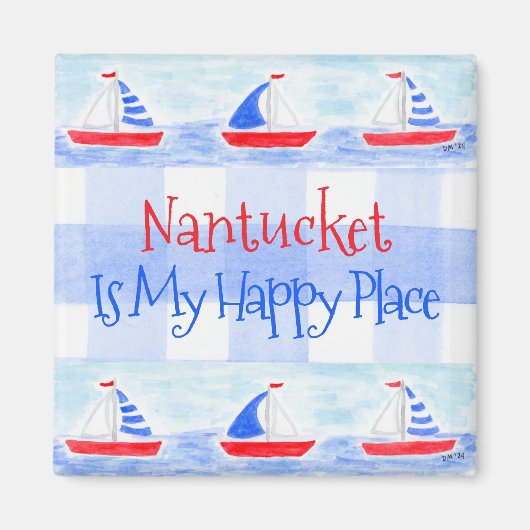 Watercolor Sailboat Check Happy Place TOWN NAME マグネット (正面)