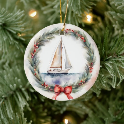Watercolor Sailboat In a Christmas Wreath セラミックオーナメント (ツリー)