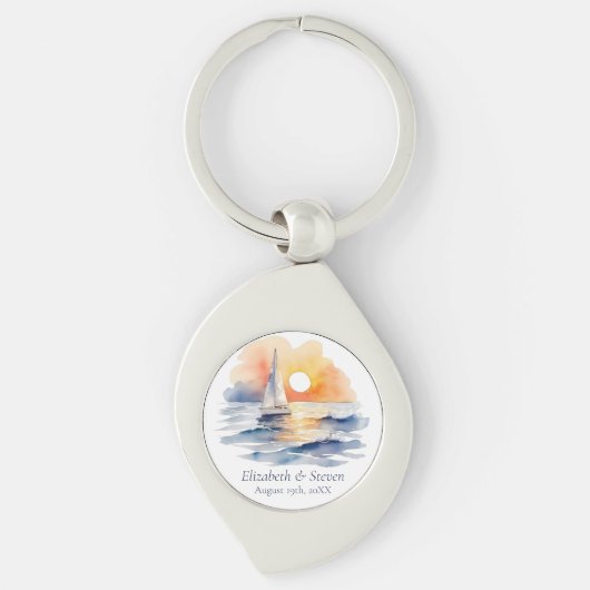 Watercolor Sailboat Sunset Seascape Wedding Favor キーホルダー (正面)