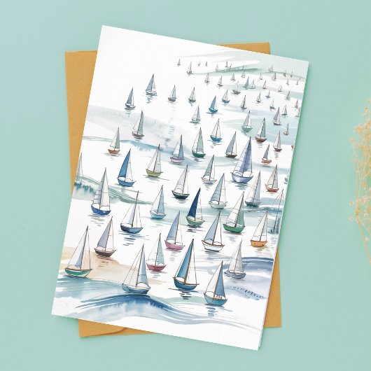 Watercolor Sailboats at Sea Nautical Birthday カード