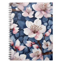 Watercolor Sakura Floral Navy Blue Elegant Spiral