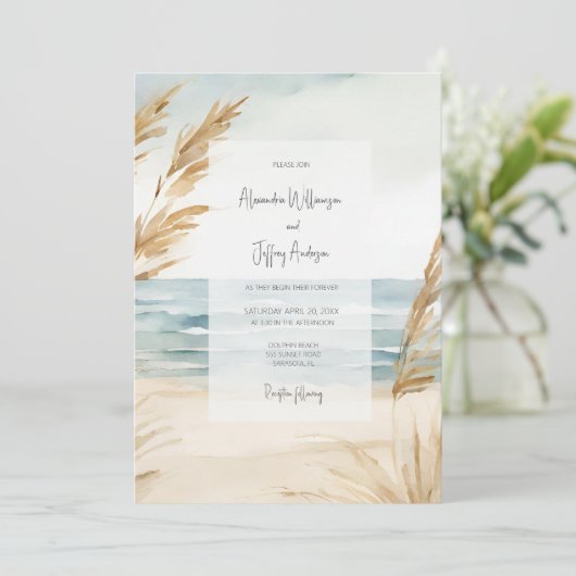 Watercolor Sand and Surf Wedding Invitation 招待状 (スタンド正面)