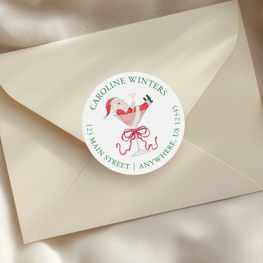 Watercolor Santa Christmas Cocktail Party Address ラウンドシール