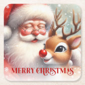 Watercolor Santa Claus Rudolph Christmas Coasters スクエアペーパーコースター (正面)