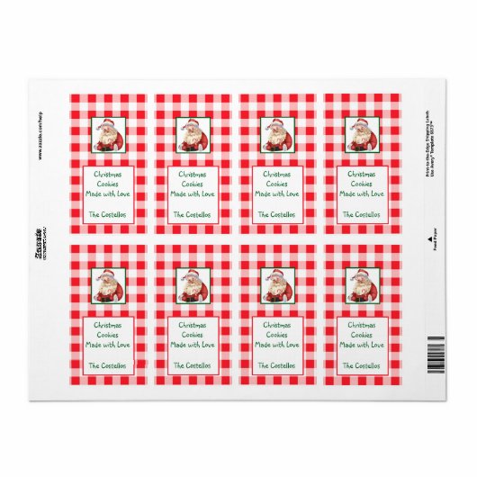 Watercolor Santa Red Check Christmas COOKIES ラベル (フルシート)