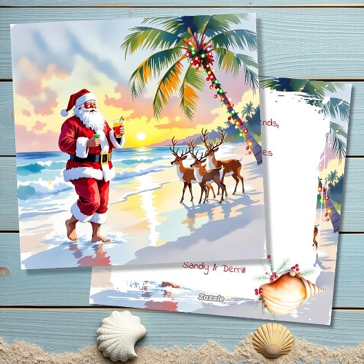 Watercolor Santa & Reindeer on the Beach Christmas シーズンカード
