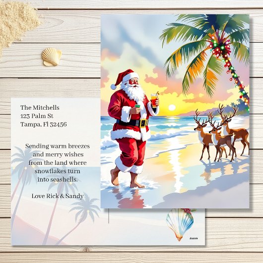 Watercolor Santa & Reindeer on the Beach Christmas シーズンポストカード
