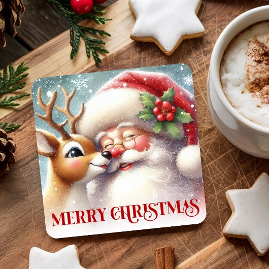 Watercolor Santa Rudolph Merry Christmas Coaster   スクエアペーパーコースター