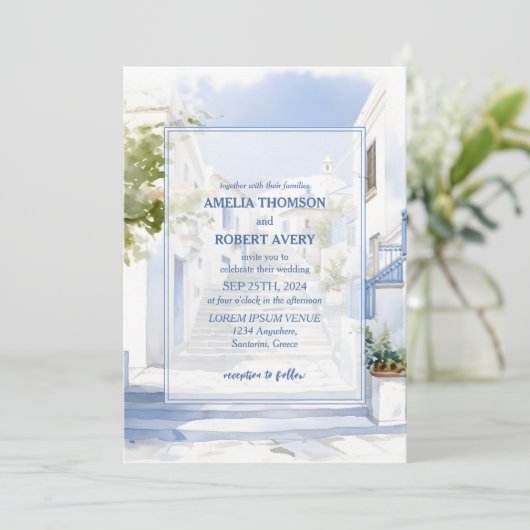 Watercolor Santorini Destination Greece Wedding 招待状 (スタンド正面)