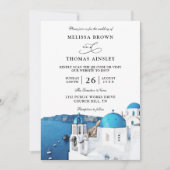 Watercolor Santorini Greece Budget QR Code Wedding 招待状 (正面)