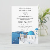 Watercolor Santorini Greece Budget QR Code Wedding 招待状 (スタンド正面)