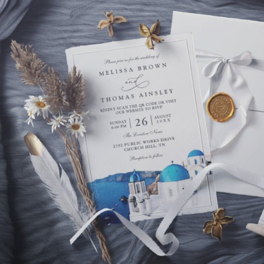 Watercolor Santorini Greece Modern QR Code Wedding 招待状